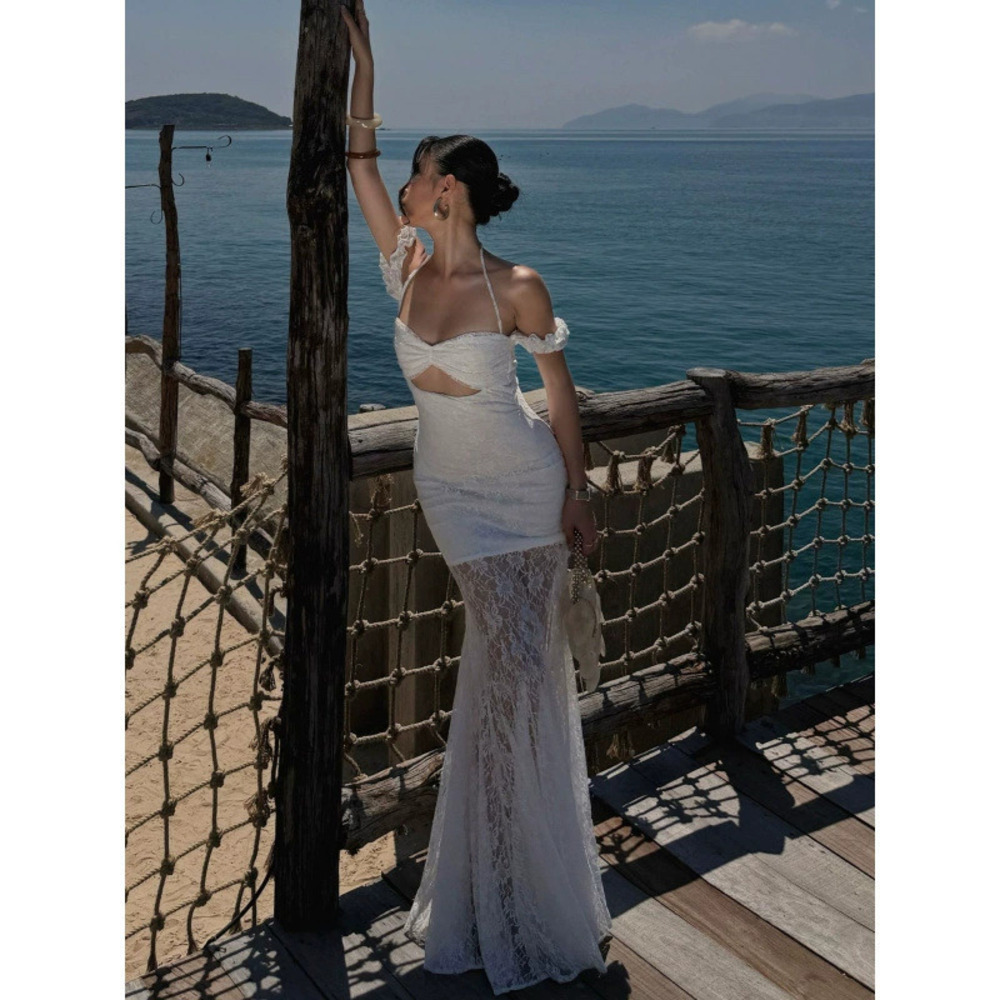 Zara Summer Beach Vacation Off Shoulder High Waist Lace Maxi Dress